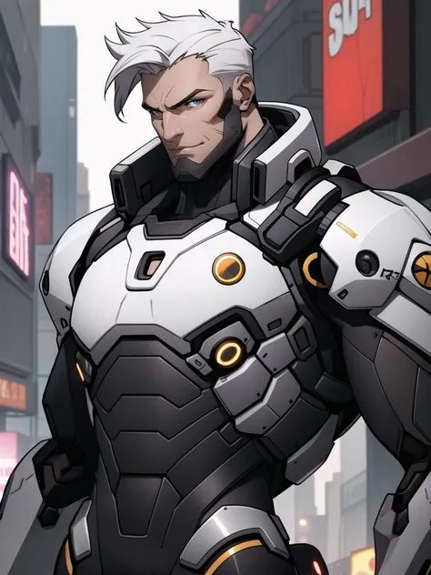 Let's create a character fitting that description:
Name: TechStrike
Appearance:
- TechStrike is a tall, muscular man with a ruggedly handsome face and piercing blue eyes that exude intelligence and determination.
- His hair is cropped short and styled in a futuristic manner, with streaks of silver running through it, hinting at his advanced technological prowess.
- He wears a sleek, high-tech suit made of durable, lightweight materials, designed to enhance his agility and strength while providing protection in battle.
- Across his suit are various compartments and attachments for his gadgets and weapons, including holsters for his high-tech gun and control devices for his robot companion.
Gear and Abilities:
- TechStrike wields a state-of-the-art energy blaster, capable of firing powerful blasts of concussive energy with pinpoint accuracy.
- His gun is equipped with advanced targeting systems and a variety of ammunition types, allowing him to adapt to different combat situations with ease.
- In addition to his firearm, TechStrike controls a formidable combat robot known as MechGuard.
- MechGuard is a towering humanoid robot with sleek armor plating and advanced weaponry, capable of devastating enemies with its brute strength and precision strikes.
- Through a neural interface implanted in his brain, TechStrike can command MechGuard with unparalleled speed and precision, making them a formidable duo on the battlefield.
Personality:
- TechStrike is a brilliant inventor and strategist, with a keen intellect and a strong sense of justice.
- He is fiercely dedicated to protecting the innocent and fighting against injustice, using his technological prowess to level the playing field against powerful adversaries.
- Despite his stoic demeanor in battle, he cares deeply for his allies and is always willing to put himself in harm's way to ensure their safety.
- While he prefers to rely on his gadgets and technology in combat, he is not afraid to get his hands dirty and co
