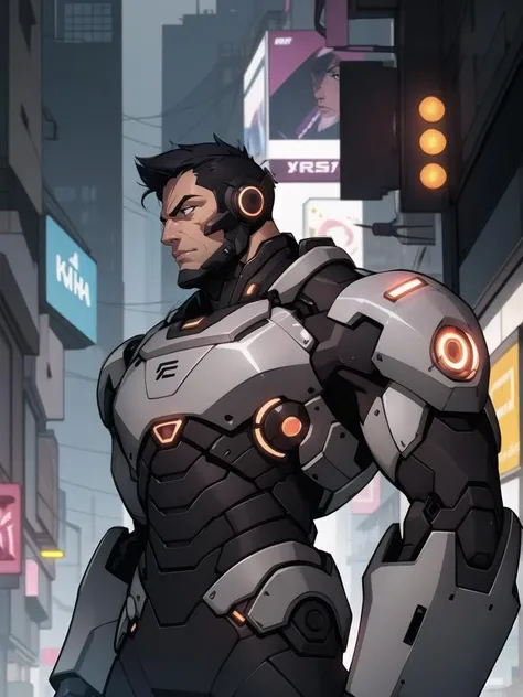 <lora:Overwatch2_Western-000016:0.3>,Sodier76,Mecha,overwatch2,Half-length close up,cyberpunk,science fiction background,comic style,in cyberpunk city,mechanical body,prosthetic transformation,portrait of detailed soldier with his mechanical bodysuit heavy exosuit,solo,futurism,masculinity,male_focus,upper_body