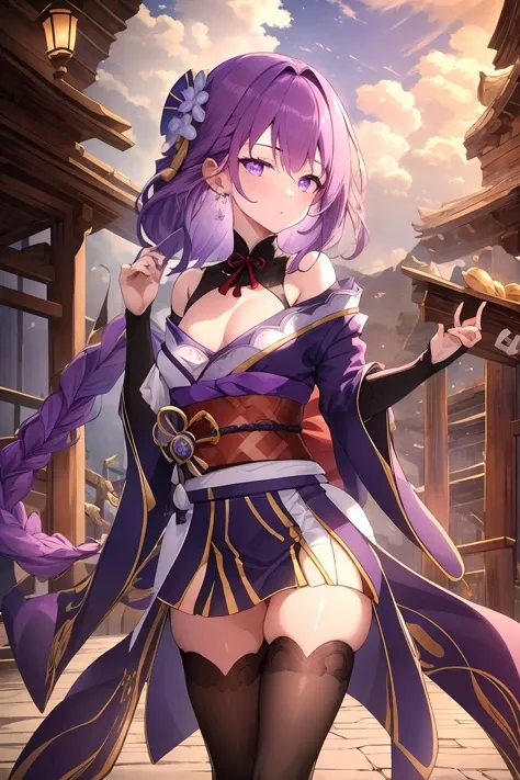 one arafed woman with purple hair and green eyes, japanese tattoo sleeve on her right arm, blue kimono, sfw, japanese temple
