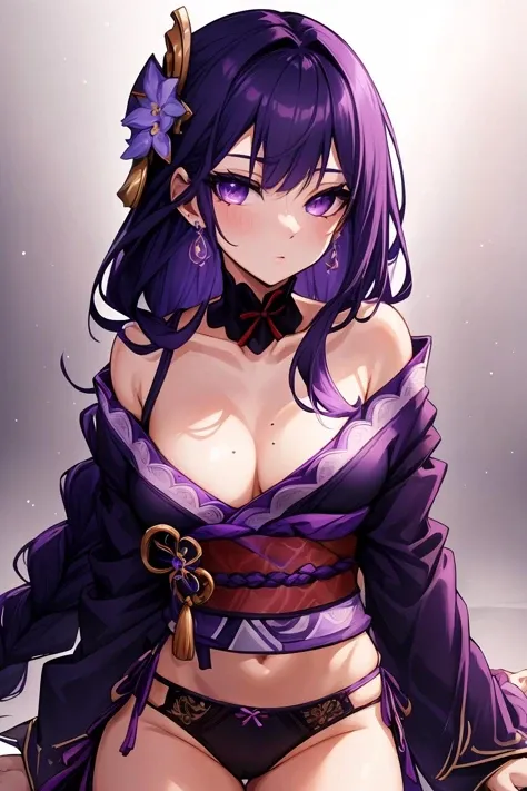 1girl, women, braid hair style, purple hair, mole on cheek, blush face, purple and black Kimono, Japanese style building, full body