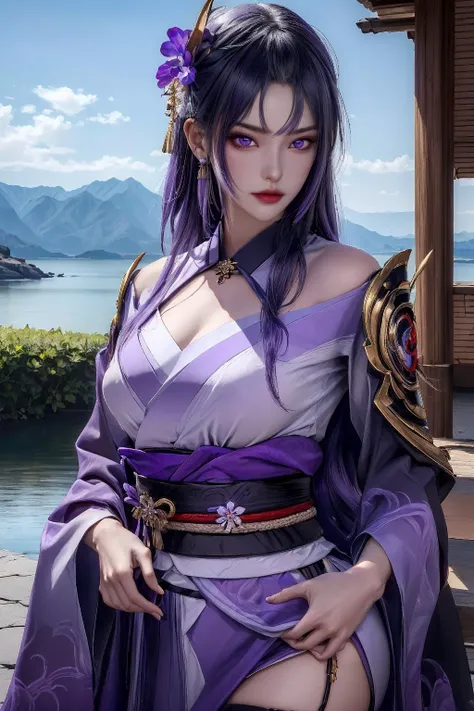 shogun, 1girl, solo, long hair, black trech coat, looking at viewer, hair ornament, thighhighs, long sleeves, ribbon, holding, cleavage, closed mouth, purple eyes, weapon, purple hair, braid, flower, sword, wide sleeves, holding weapon, armor, blurry, sash, holding sword, obi, shoulder armor, tassel, bridal gauntlets, stairs, purple flower, vision (genshin impact), obijime, tomoe (symbol), obiage, mitsudomoe (shape),