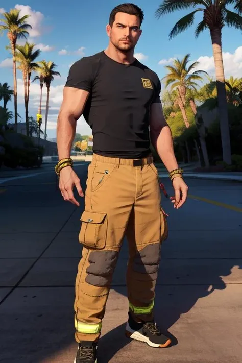 2d, masterpiece, best quality, anime, highly detailed face, highly detailed background, absurdres, perfect lighting,
photo of <lora:Ryan DI2 v2:.8> Ryan, Mature Male, short black hair, blue eyes, small mustache and stubble, black 'Los Angeles Fire Department' T-shirt, light brown protective pants, yellow and white sneakers, dark striped wrist wrap on right hand, ight green brown gray bracelet on left hand,
Los Angeles, Palm Trees, Bright Sky,