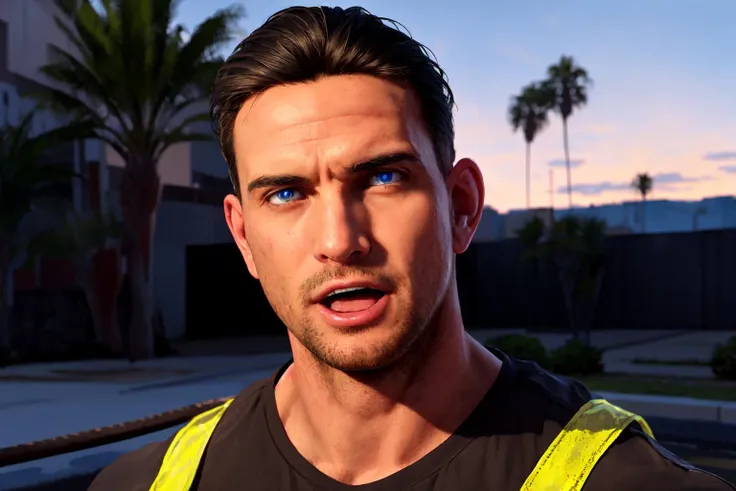 2d, masterpiece, best quality, anime, highly detailed face, highly detailed background, absurdres, perfect lighting,
photo of  <lora:Ryan DI2 v2:0.8> Ryan, Mature Male, Black Hair, Blue Eyes, Muscular, detailed eyes, worried eyes, sweaty, looking at viewer, open mouth, surprised, (shirtless, Yellow Firefighter pants, Red Suspenders, Firefighter boots), 
Los Angeles, Palm Trees, Bright Sky,