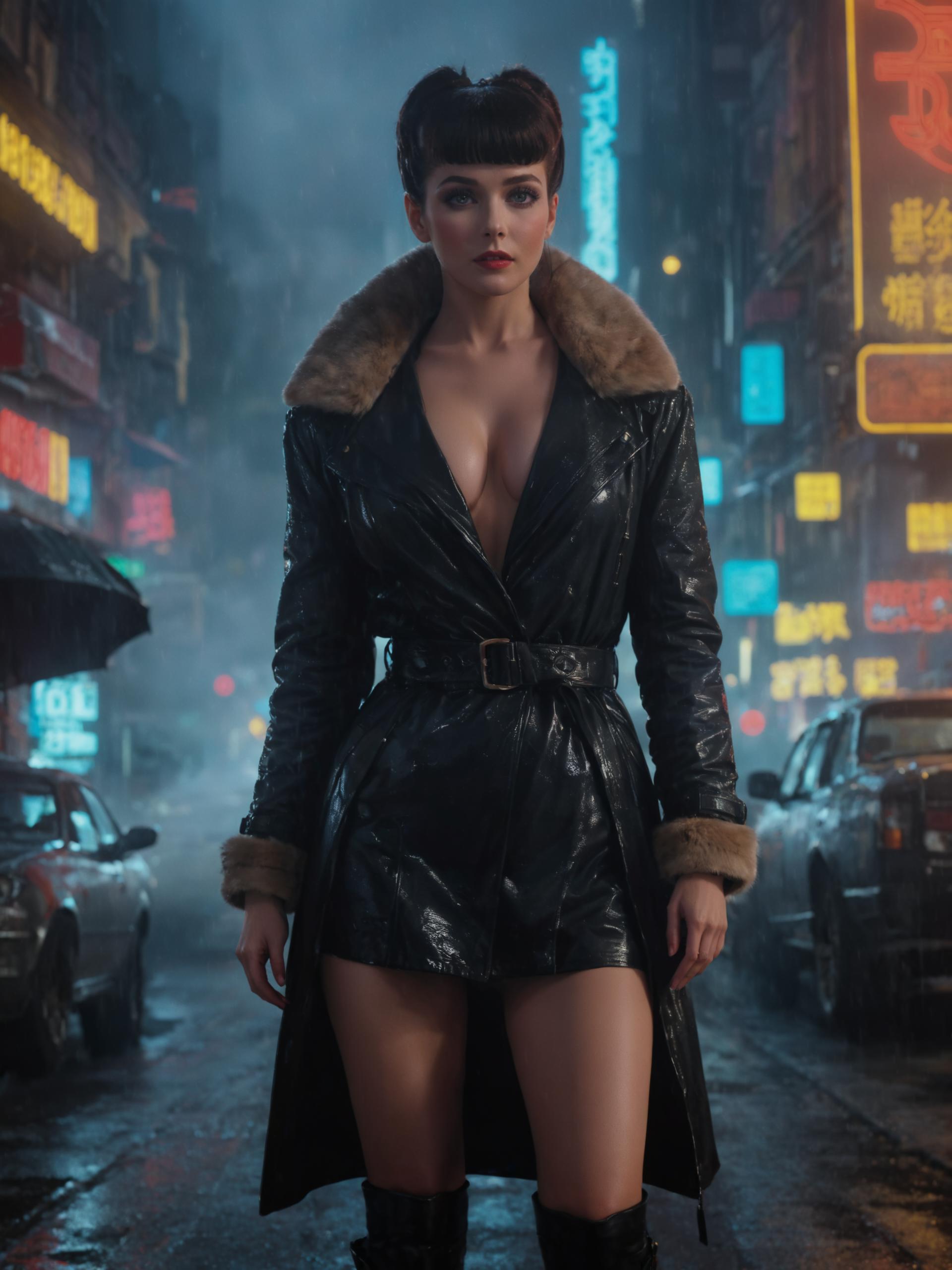 A woman in a black coat and boots standing on a city street - SeaArt AI