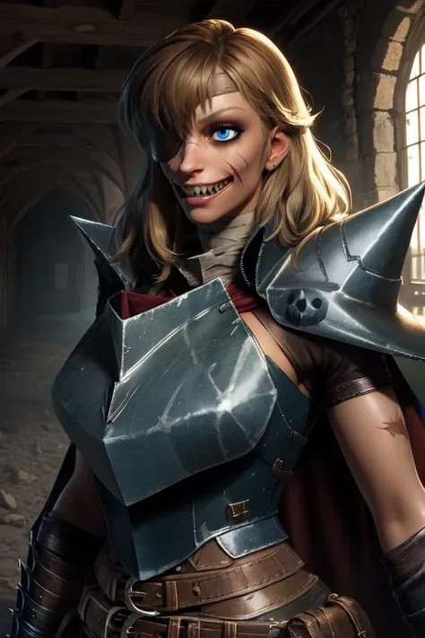 briar, brown hair, blue eyes, eyepatch, scar, looking at viewer,
bandages, armor, leather belt, single pauldron, cape,
standing, upper body,
deserted castle, dark, indoors, smile, sharp teeth,
(insanely detailed, beautiful detailed face, masterpiece, best quality) <lora:briar:0.8>