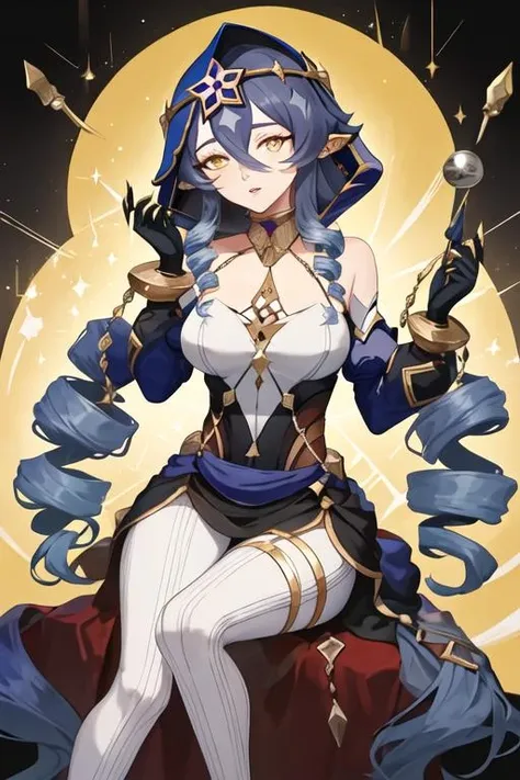 (Beautiful detailed eyes), (beautifull detailed face), (masutepiece, Best Quality:1.1), Priest \(DQ3\), 1girl in, Solo, Long hair, (Blue hair), (Red Eyes), (mitre), (Thin Tabard:1.4), (Crossprint), (Orange Elbow Gloves), Large breasts, Holding, A staff, Nature, Blue sky, (Bare shoulders), (full of sweat), (Covered )