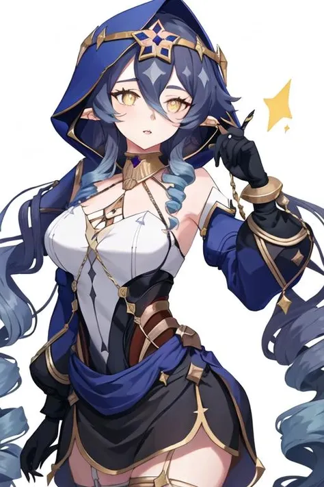 best quality, masterpiece, highres, solo, {layla_genshin:1.15}, blue_hair, long_hair, bangs, hair_between_eyes, drill_hair, pointy_ears, drill_locks, yellow_eyes, jewelry, very_long_hair, bright_pupils, claw_ring, white_pupils, parted_lips, breasts, neck_ring, 1girl, bare_shoulders, black_gloves, detached_sleeves, gloves, hood, long_sleeves, looking_at_viewer, puffy_sleeves, upper_body, white_background, hood_up, juliet_sleeves, simple_background, sidelocks