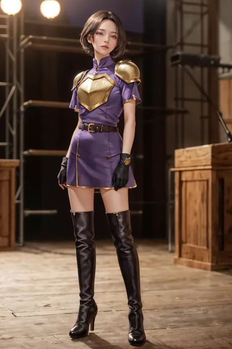 8K,highres,absurdres,masterpiece,best quality,original,extremely detailed CG,extremely detailed wallpaper,perfect lighting,<lyco:GoodHands-beta2:1>,1girl,blurry_background,looking_at_viewer,standing on the stage,
<lora:creidneV1-1:0.7>,Creidne,short hair,center-parted bangs,forehead,purple thigh boots,black fingerless gloves,short dress,breastplate,purple footwear,pauldrons,short sleeves,belt,purple dress,shoulder pads,