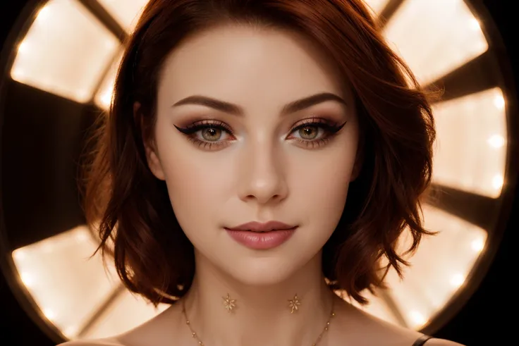 close up studio portrait of woman in glamour magazine advertising photoshoot, (colorful dramatic makeup:1.3), auburn hair, jewelry, beauty lighting, epiCRealism <lora:thedizzykitten_sd15_512_128_64_v1:0.9> <lora:DetailedEyes_V3:0.7>