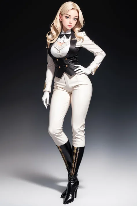 adult beautiful woman, dizzykitten, high quality, best quality, high detail, highres, looking at viewer, blonde hair, (white gloves), standing, butler outfit, vest, tailcoat:1.2, elegant and sophisticated, Victorian era influence, tailored jacket, crisp white shirt, ascot, high-waisted trousers, polished leather boot heels, detailed embroidery, monochrome color palette, cinematic lighting 8k resolution, <lora:Person_ttv-DizzyKitten:0.8>