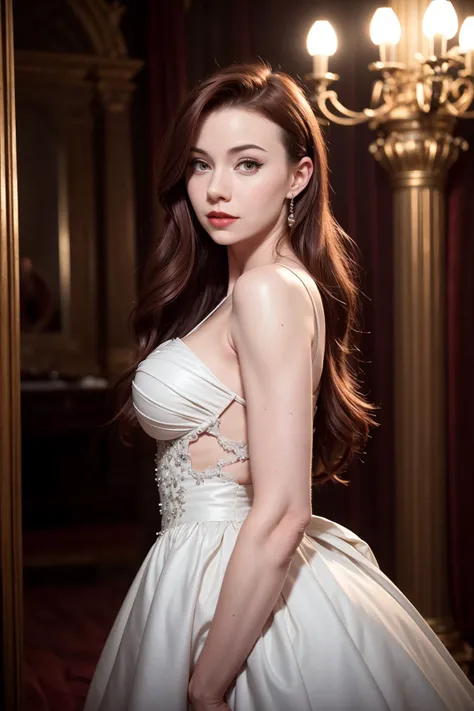 RAW photo of 27yo dizzykitten, looking over shoulder, ball gown, elegant, medium auburn hair, red lipstick, (winged eyeliner), grey eyes, inside gothic castle, 8k uhd, dslr, hard lighting, high quality, film grain, Fujifilm XT3, epiCRealism <lora:DetailedEyes_V3:0.9> <lora:thedizzykitten_sd15_512_128_64_v1:0.9>