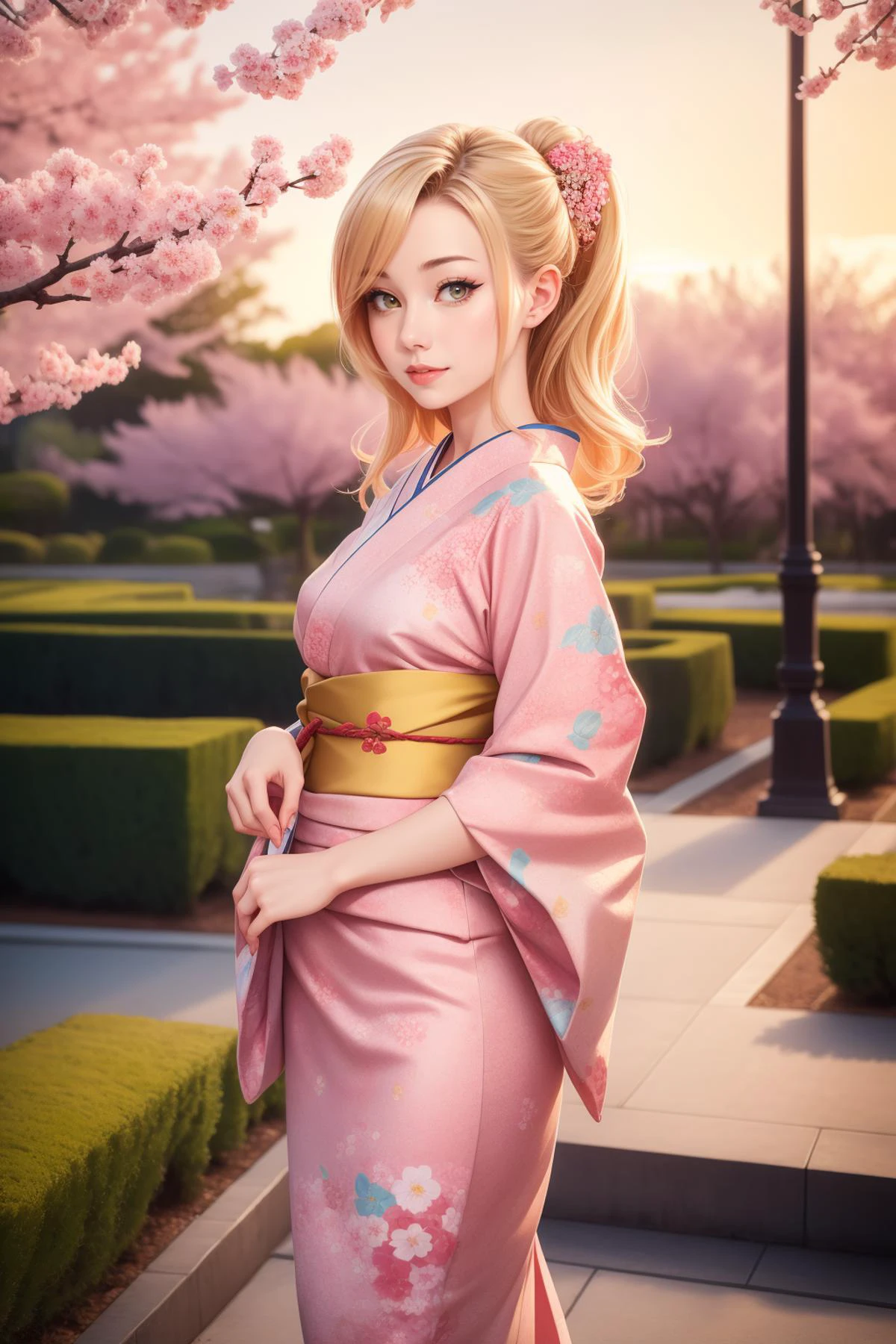 adult beautiful woman, dizzykitten high quality, best quality, high detail, highres, looking at viewer, blonde hair, standing, <lora:Person_ttv-DizzyKitten:0.8> Japanese kimono, traditional design, submissive pose, serene garden setting, cherry blossoms, sunset hues, vibrant, detailed, 8k resolution,