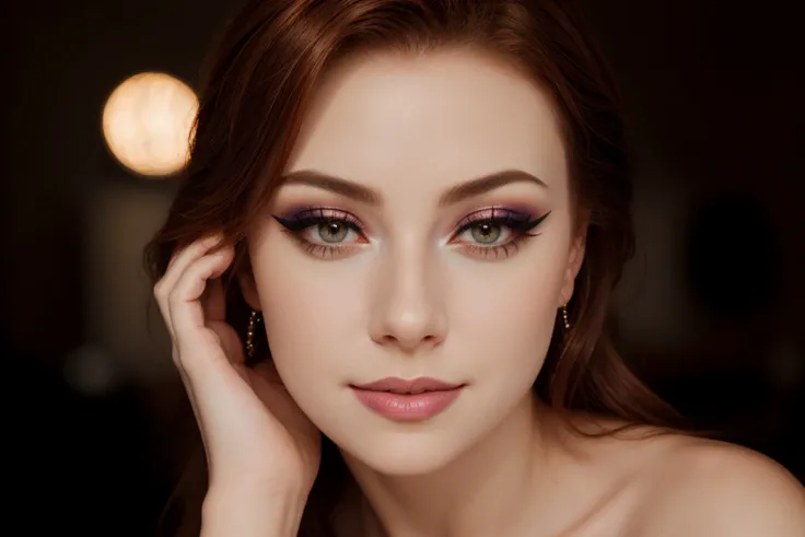 close up studio portrait of  woman in glamour magazine advertising photoshoot, (colorful dramatic makeup:1.3), auburn hair, jewelry, beauty lighting,  epiCRealism  <lora:thedizzykitten_sd15_512_128_64_v1:0.9>  <lora:DetailedEyes_V3:0.7>