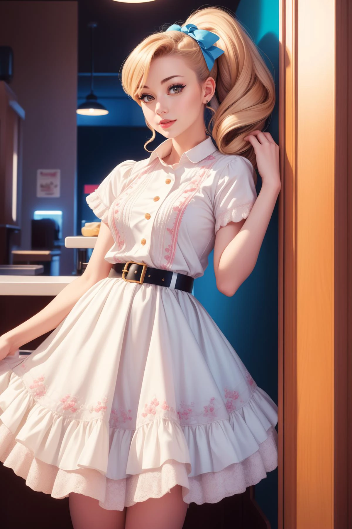 adult beautiful woman, dizzykitten high quality, best quality, high detail, highres, looking at viewer, blonde hair, standing, <lora:Person_ttv-DizzyKitten:0.8> 50s fashion, ((voluminous embroidered hemmed petticoat poodle skirt)), cotton, lace, ((shirtdress)), (hair ribbon),(belt), strict, high ponytail, classic 50's diner background, nostalgic vibe, bright colors, cinemascope, detailed, 8k resolution,
