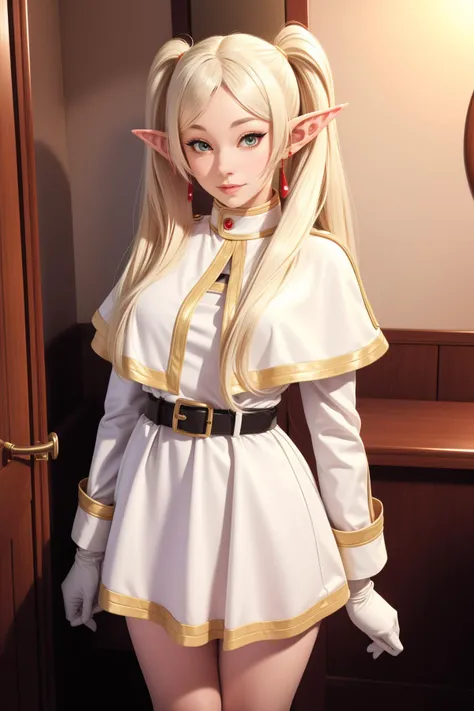 adult beautiful woman, dizzykitten, high quality, best quality, high detail, highres, looking at viewer, blonde hair, (white gloves), standing, <lora:Person_ttv-DizzyKitten:0.8> <lora:Char_snf-Frieren2:0.8> frieren, long hair, pointy ears, twintails, jewelry, elf, earrings, capelet, white capelet, long sleeves, parted bangs, dress, belt, flower