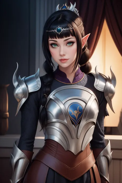 adult beautiful woman, dizzykitten high quality, best quality, high detail, highres, looking at viewer, standing, <lora:Person_ttv-DizzyKitten:0.8> <lora:Char_bg3-ShadowheartbyDocS-LORA:0.8> dsshadowheart, black hair, long hair, ponytail, bangs, braid, hair ornament, pointy ears, green eyes, circlet, silver armor, silver breastplate, pauldrons