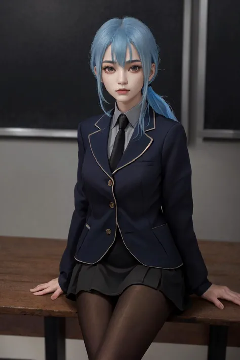 masterpiece, best quality, highres, 1girl low ponytail blue hair, black jacket grey shirt black necktie black skirt pantyhose <lora:anemone:1> photorealistic, sitting