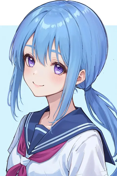 masterpiece, best quality, highres, 1girl low ponytail blue hair purple eyes <lora:anemone_no_outfit:1> school uniform, serafuku, smile, white shirt