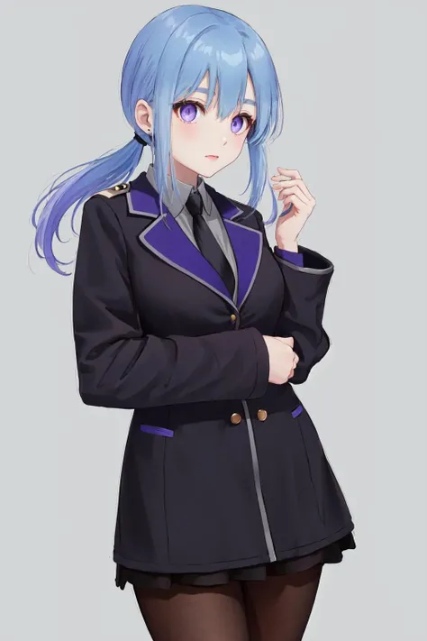 masterpiece, best quality, highres, 1girl low ponytail blue hair purple eyes, black jacket grey shirt black necktie black skirt pantyhose <lora:anemone:1>