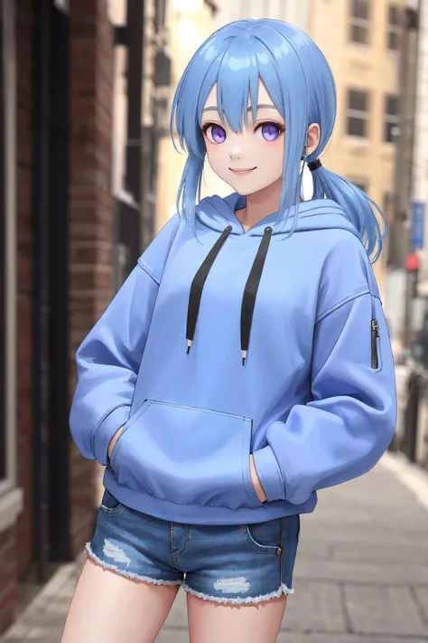 masterpiece, best quality, highres, 1girl low ponytail blue hair purple eyes <lora:anemone_no_outfit:1> hoodie, denim shorts, hands in pockets, smile