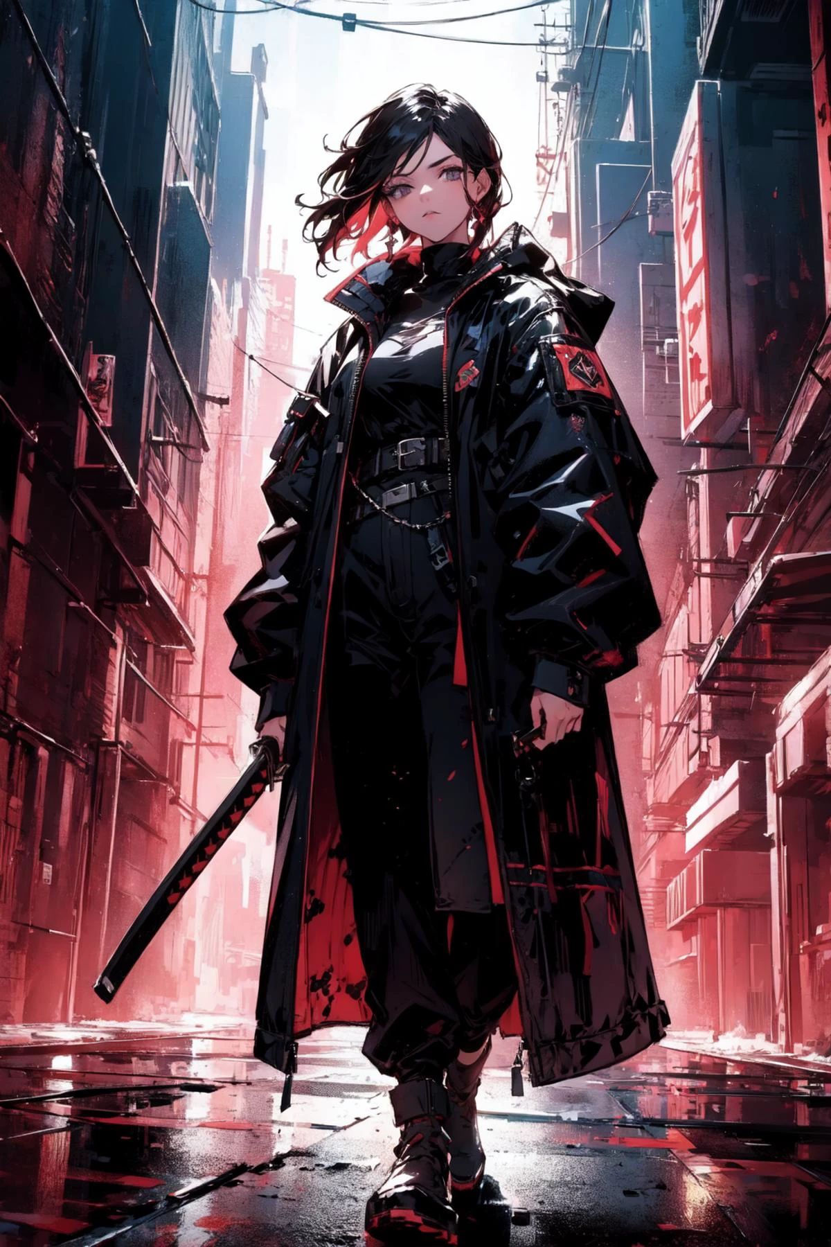 (extremely detailed CG unity 16k wallpaper,best quality,extreme quality,masterpiece,ultra-detailed,:1.3),
<lora:apocalyptic_cyberpunk:0.3> cyberpunk ,<lora:cybersamuraiV2E12:0.6> cybersamurai, holding weapon, holding sword, glowing, katana <lora:Concept_SwordOverShoulder:0.8> weapon over shoulder, sword, 1girl, standing, armor, hand on hip