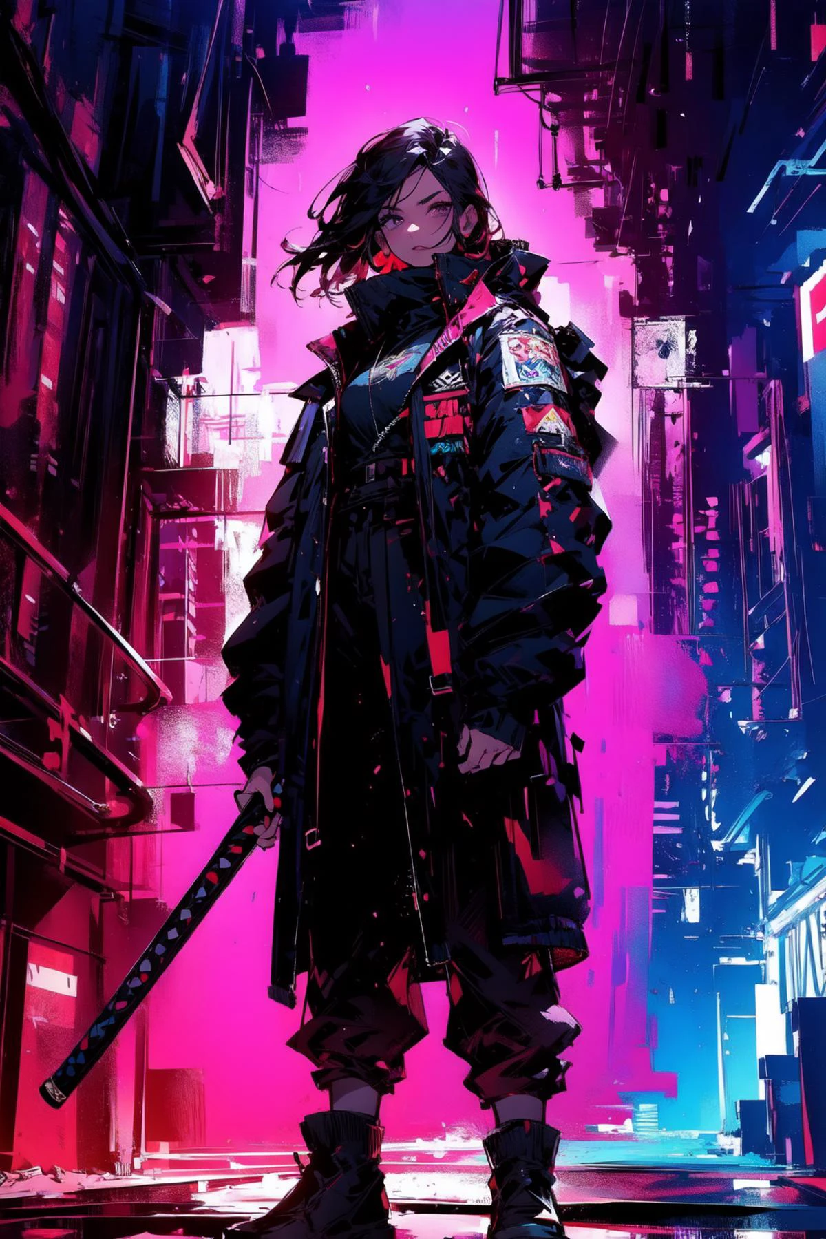 (extremely detailed CG unity 16k wallpaper,best quality,extreme quality,masterpiece,ultra-detailed,:1.3),
<lora:apocalyptic_cyberpunk:0.6> cyberpunk ,<lora:cybersamuraiV2E12:0.6> cybersamurai, holding weapon, holding sword, glowing, katana <lora:Concept_SwordOverShoulder:0.8> weapon over shoulder, sword, 1girl, standing, armor, hand on hip