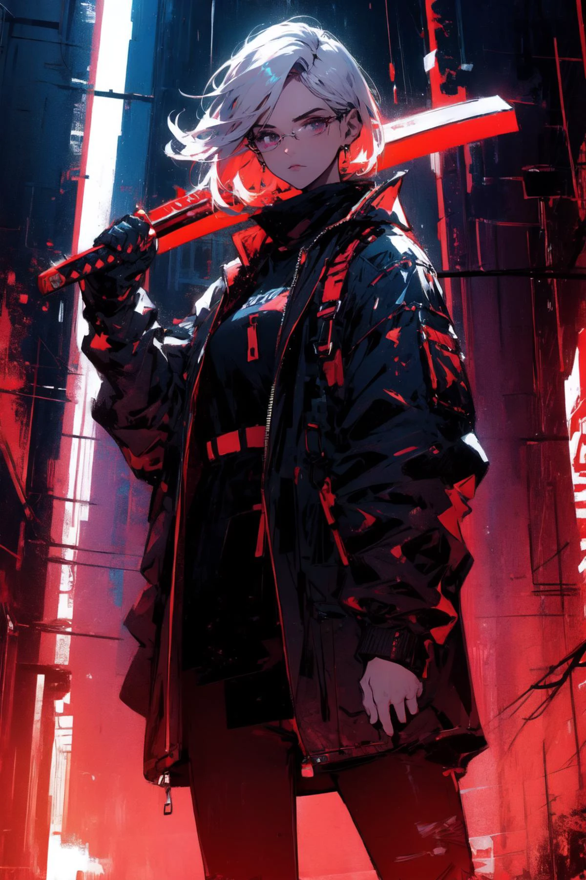 (extremely detailed CG unity 16k wallpaper,best quality,extreme quality,masterpiece,ultra-detailed,:1.3),
<lora:apocalyptic_cyberpunk:0.6> cyberpunk ,<lora:cybersamuraiV2E12:0.6> cybersamurai, holding weapon, holding sword, glowing, katana <lora:Concept_SwordOverShoulder:0.8> weapon over shoulder, sword, 1girl, standing, armor, hand on hip <lora:Concept_SwordOverShoulder:1>