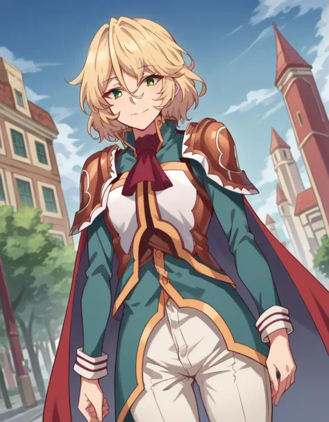 score_9, score_8_up, score_7_up, source_anime,
healerblade, <lora:healer-blade-ponyxl-lora-nochekaiser:1>
blade, blonde hair, green eyes, short hair, hair between eyes,
long sleeves, pants, cape, uniform, military, ascot, white pants,
outdoors, cityscape, smile,
looking at viewer, dutch angle, cowboy shot,
