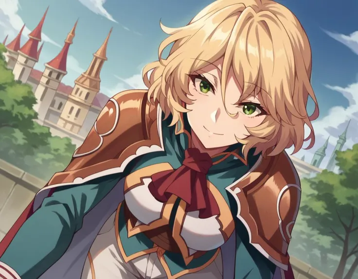 score_9, score_8_up, score_7_up, source_anime,
healerblade, <lora:healer-blade-ponyxl-lora-nochekaiser:1>
blade, blonde hair, green eyes, short hair, hair between eyes,
long sleeves, pants, cape, uniform, military, ascot, white pants,
outdoors, cityscape, bent over, smile,
looking at viewer, dutch angle, cowboy shot,