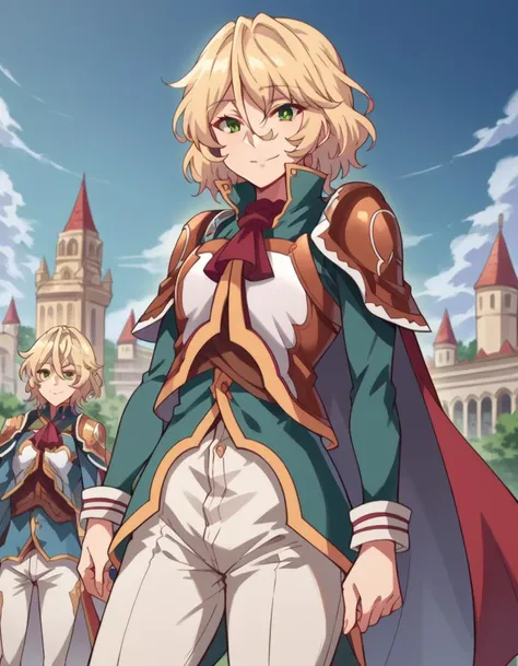 score_9, score_8_up, score_7_up, source_anime,
healerblade, <lora:healer-blade-ponyxl-lora-nochekaiser:1>
blade, blonde hair, green eyes, short hair, hair between eyes,
long sleeves, pants, cape, uniform, military, ascot, white pants,
outdoors, cityscape, smile,
looking at viewer, dutch angle, cowboy shot,