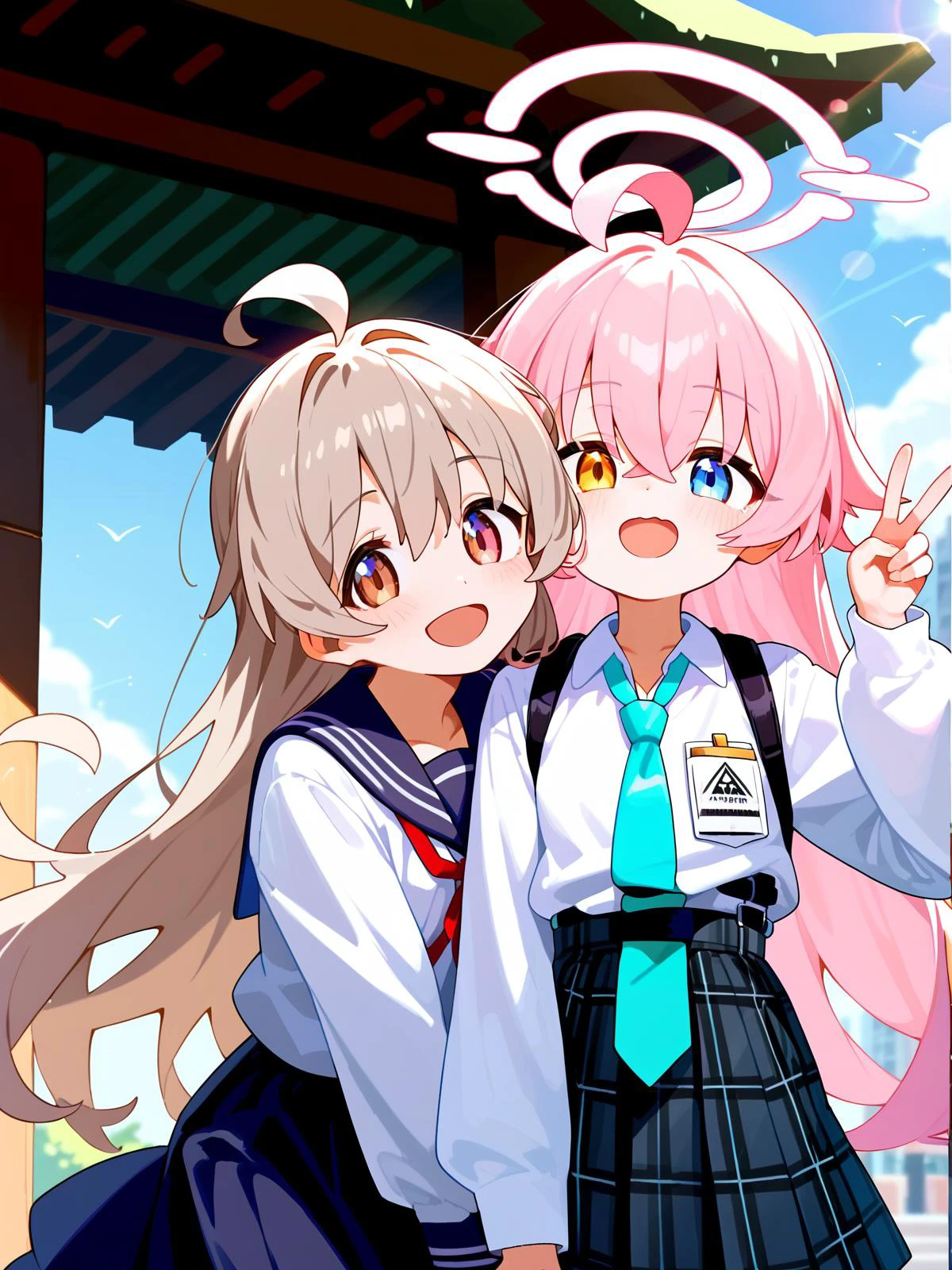 (score_9,score_8_up,score_7_up,),outdoor,2girls,sunlight,
BREAK oyama mahiro,brown eyes,long hair,ahoge,white shirt,light smile,wavy open mouth,happy,eyes closed,brown eyes,long hair,ahoge,school uniform,jacket,neck ribbon,beckoning,long skirt,
BREAK hoshino \(blue archive\),pink halo,v,heterochromia,pink hair,plaid skirt,necktie,wavy open mouth,ahoge,<lora:hoshino_PONY_last:0.8>,