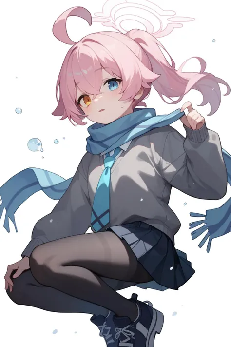 (score_9,score_8_up,score_7_up,),(hoshino-ponytail:0.8),(hoshino \(blue archive\):0.8),heterochromia,medium hair,ponytail,pink hair,ahoge,halo,blue scarf,(grey sweater:1.2),pleated skirt,(white shirt,blue necktie:0.9),black pantyhose,shoes,<lora:hoshino_ver2_blue archive_PONY_epoch-000020:0.8>,