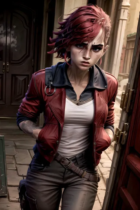 <lora:add_detail:1>, <lora:vi-06:1>,1girl, pants, red jacket, nose piercing,