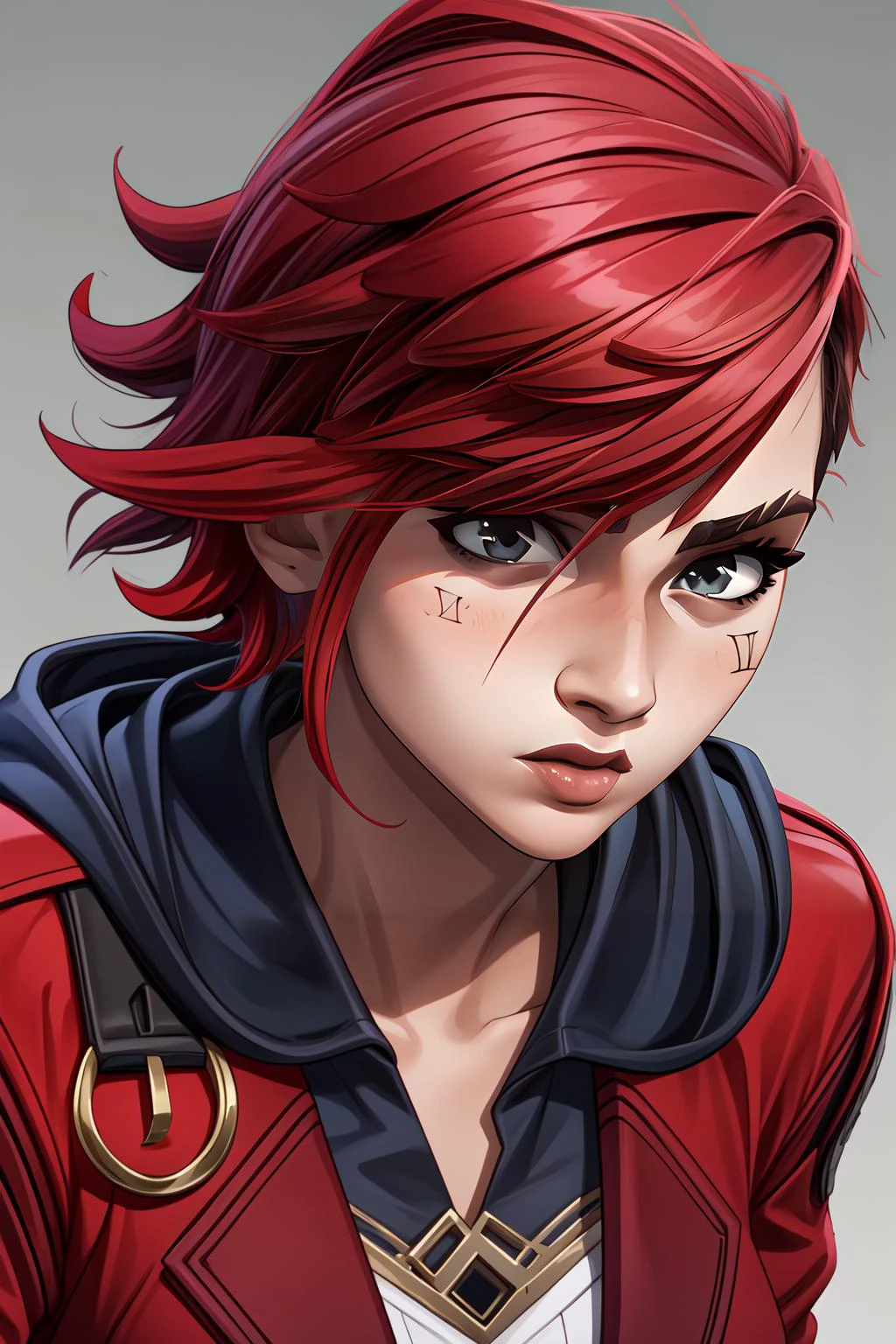 (masterpiece, best quality), intricate details,
<lora:Arcane_vi-v2:0.8> v1101, 1girl,
<lora:add_detail:0.4> <lora:Elixir:0.4> <lora:more_details:0.4>
<lyco:GoodHands-beta2:0.8>
red jacket, hood,