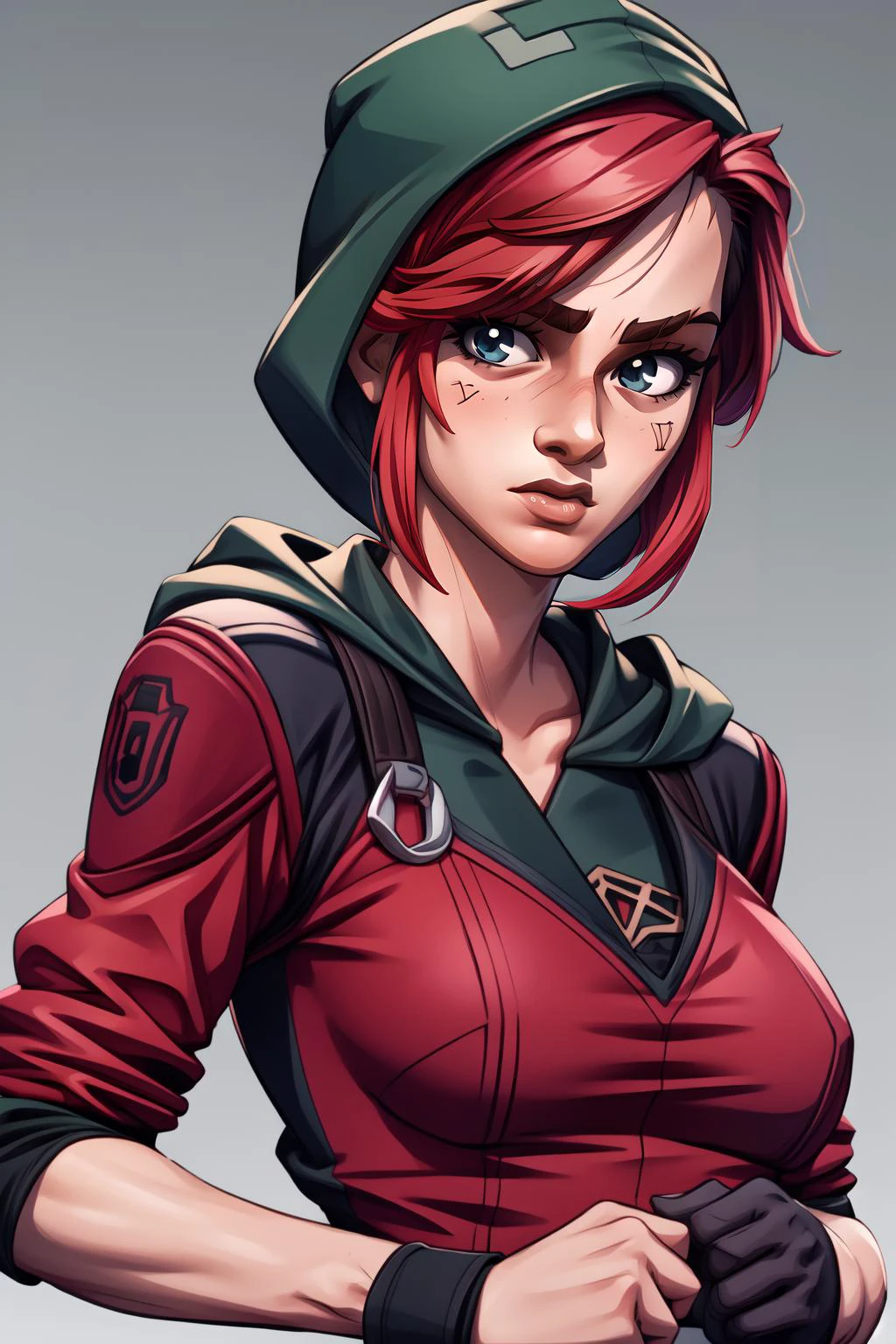 (masterpiece, best quality), intricate details,
<lora:Arcane_vi-v2:0.8> v1101, 1girl,
<lora:add_detail:0.4> <lora:Elixir:0.4> <lora:more_details:0.4>
<lyco:GoodHands-beta2:0.8>
<lora:NoodleV4:0.8> <lora:CreeperCloth:0.8> hood,