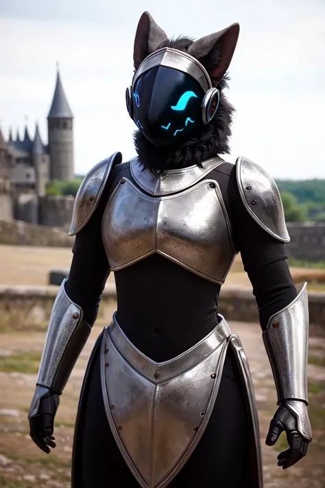 cinematic raw photograph of a knight, protogen armor, stainless steel , living machine, medieval castle in the background