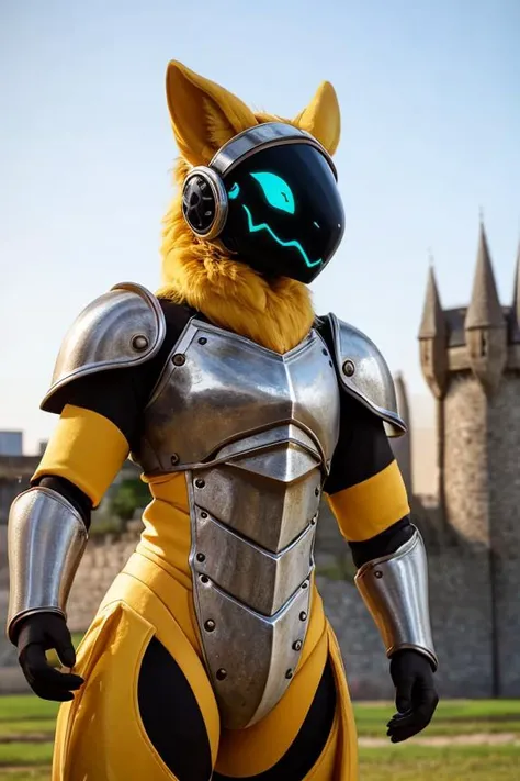 cinematic raw photograph of a knight, protogen armor, stainless steel , yellow body, living machine, medieval castle in the background