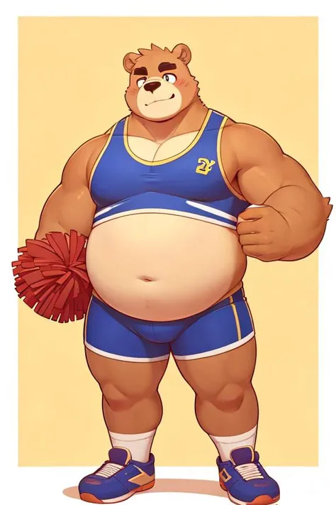 score_9, score_8_up, score_7_up, score_6_up, score_5_up, score_4_up, desolate, detailed background, locker room, anthro bear, male, brown fur color, beard, red cap covering eyes, shirtless, jockstrap, shy, hand behind head, inflating, hyper belly