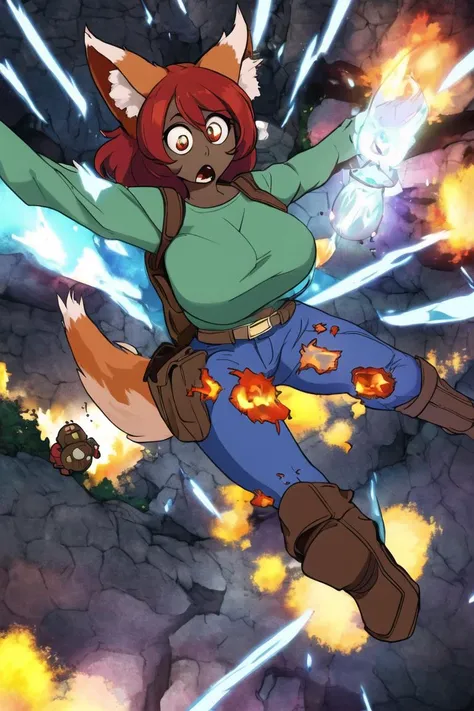 Zoologist, Werefox, full body, brown skin, red hair, green shirt, jeans, brown boots, backpack, cave, floating gemstones, big eyes, surprised, explosion
<lora:zoologistloraX1:1.0>