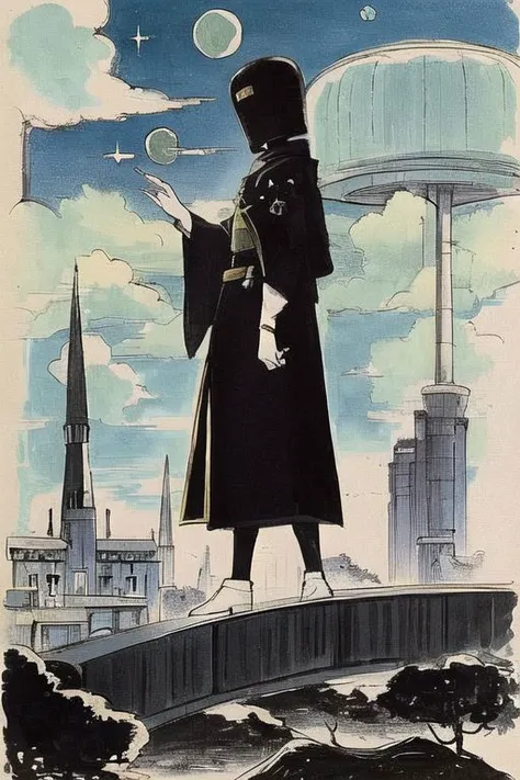 Colorful Anime Sketch By herg, attack from Outer space, A black giant abyss k0mus0 in outer space, komosu down to viewer, Fingertip at earth, with two dark towering modern-medieval towers standing side by side in Background, reaching into the high clouds, connected by a bridge of some sort. Incorporate modern elements and windows into their design.