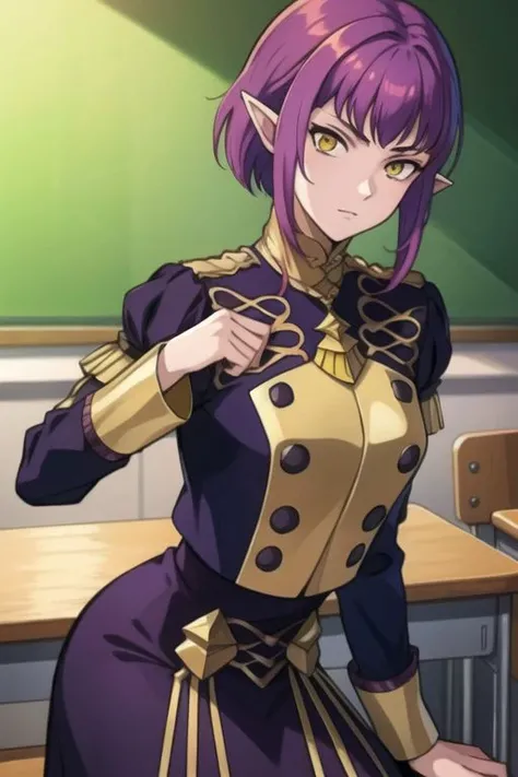 (highres,masterpiece,detailed) 1woman, 21 years old, demon woman, short purple hair, yellow eyes, pale skin, pointy ears, flat chest, female assassin, portrait, classroom bacrground, masterpiece, best quality