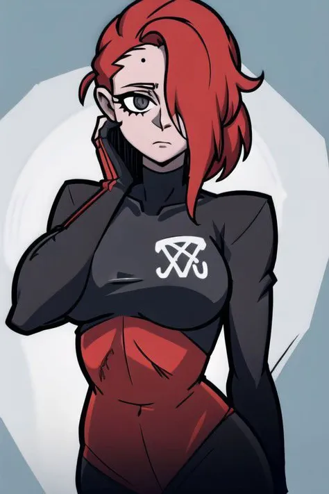 Highly detailed, High Quality, Masterpiece, beautiful,1girl, solo, red hair over one eye, MISTRAL, helltaker big breast