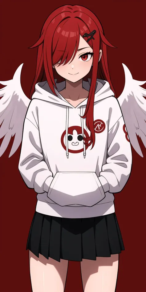 official_alternate_costume, red_hoodie, long_hair, closed_mouth, red_wings, ame-chan_\(needy_girl_overdose\), 1girl, hood, (fake_wings:1.2), official_alternate_hairstyle, simple_background, hair_ornament, x_hair_ornament, needy_girl_overdose, hood_up, wings, long_sleeves, smile, hoodie, hair_over_one_eye