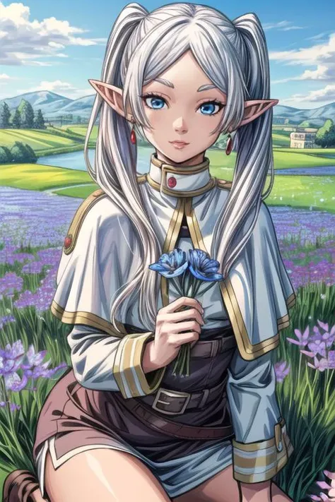 outdoors, 1 elfian girl, frieren, anime girl, all fours, drooling, smile, (holding flower in hand:1.4), (looking on flower in hand:1.2), blue flowers, (flower meadow:1.2), detailed beautiful flowers, flower in hair, detailed face, smile, (pointy ears), twintails, jewelry, earrings, capelet, white capelet, long sleeves, parted bangs, dress, belt, detailed hands, pointy chin, small breasts, thighs, long hair, white hair, (beautiful blue eyes:1.2), (detailed background, flowers background, complex background:1.2), monument in the background, stone monument, (perfect face, detailed face), masterpiece, best quality, ultra-detailed, glowing light, flower, <lora:frieren-10:1> frieren, flower <lora:more_details:0.9>