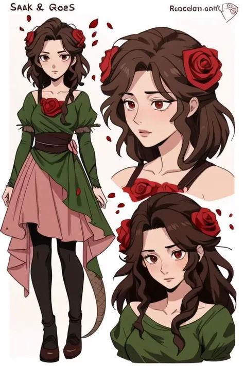1girl, snake, rose, thorns, red green and brown, petals, rose girl, flower girl, pet snake, (CharacterSheet:1), (multiple views, full body, upper body, reference sheet:1)
