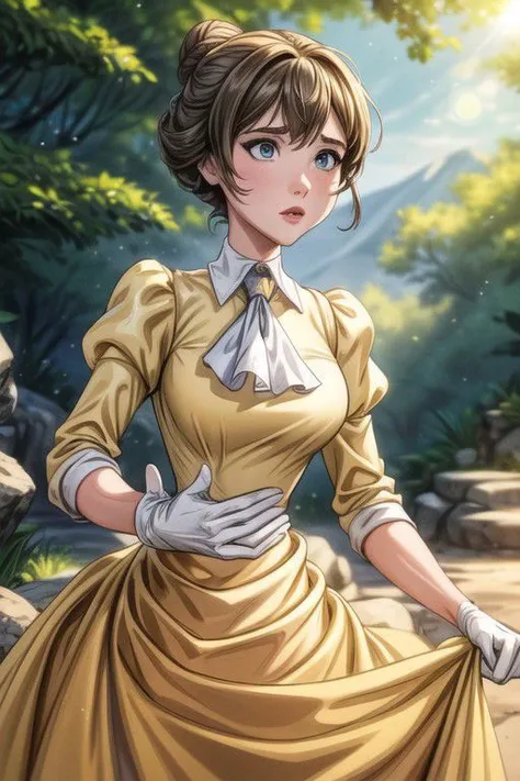masterpiece, best quality, outdoors, lens flare, depth of field, 1girl, solo, looking at viewer, breasts, <lora:janeporter-guy-v2:1>, janeporter, short hair, hair bun, yellow dress, long dress, puffy sleeves, ascot, white gloves, cowboy shot