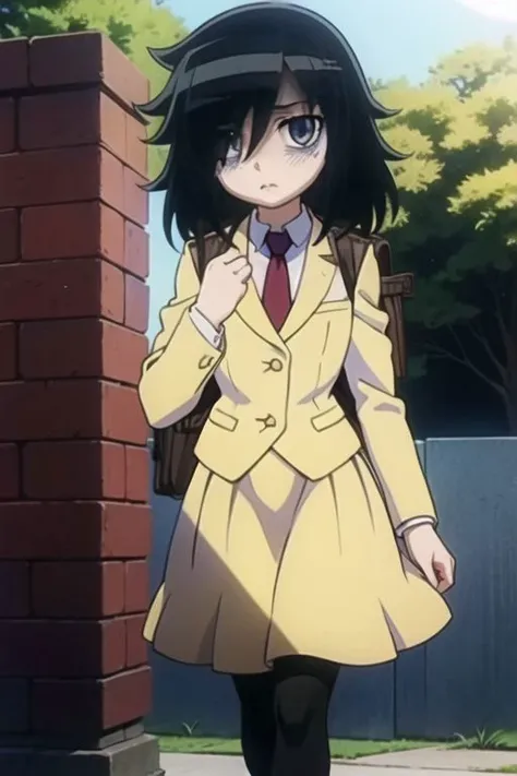 1girl, (masterpiece:1.3), (high resolution), (8K), (extremely detailed), (4k), (pixiv), perfect face, nice eyes and face, (best quality), (super detailed), detailed face and eyes, (solo), textured skin, <lora:tomoko_kuroki-08:0.7>, tomoko, hair over one eye, bags under eyes,black hair, school uniform, black pantyhose, red necktie, yellow skirt, pleated skirt, yellow jacket, standing, outdoors, looking at viewer,  walking, holding backpack