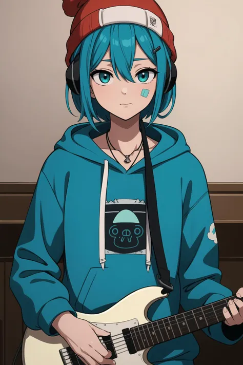 detailed_background,indoors,aqua_hair,holding_phone,hairclip,hair_between_eyes,guitar,beanie,straight-on,looking_at_viewer,eyes_visible_through_hair,electric_guitar,closed_mouth,effects_pedal,headphones,upper_body,hat,hoodie,instrument,solo,aqua_eyes,sticker,hood_down,phone,parental_advisory,nail_polish,smartphone,cellphone,jewelry,1girl,white_headwear,bandaid_on_nose,patch,bandaid_on_face,short_hair,original,bandaid,highres,sidelocks,holding,grey_hoodie,circuit_board,long_sleeves,aqua_nails,necklace,standing,print_hoodie,ring,hair_ornament,yorugata_mao,hood,bandaid_on_cheek