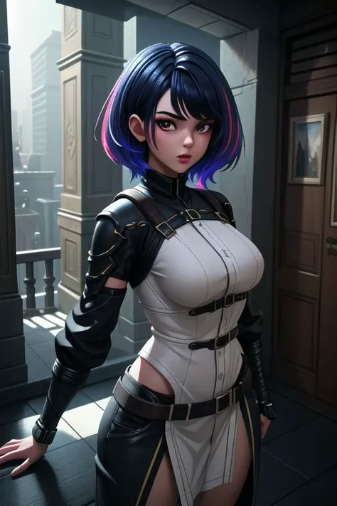 1 Woman in black costume with white pants, dressed as a maid/Ninja, big breasts, staring at the viewer, holding a katana attached to a chain, she has short purple hair and blue eyes, she is in a dark alley with bandits in the background, grimace, Unreal Engine 5, Mortal Kombat, anime, Action painting, Suprematism, anatomically correct, 16k, masterpiece, best quality, high details, UHD, ccurate