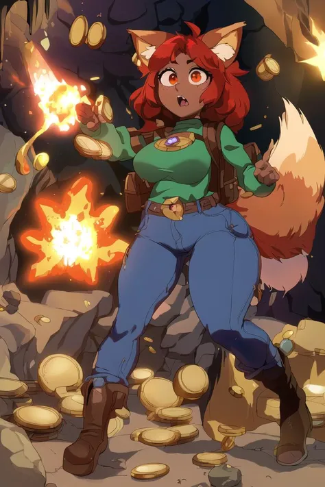 Zoologist, Werefox, 1girl, full body, brown skin, red hair, green shirt, jeans, brown boots, backpack, big eyes, surprised, (treasure chest:1.1), (gold coins:1.4), (gemstones:1.3), cave, explosion in background
<lora:zoologistloraX1:1.0>
